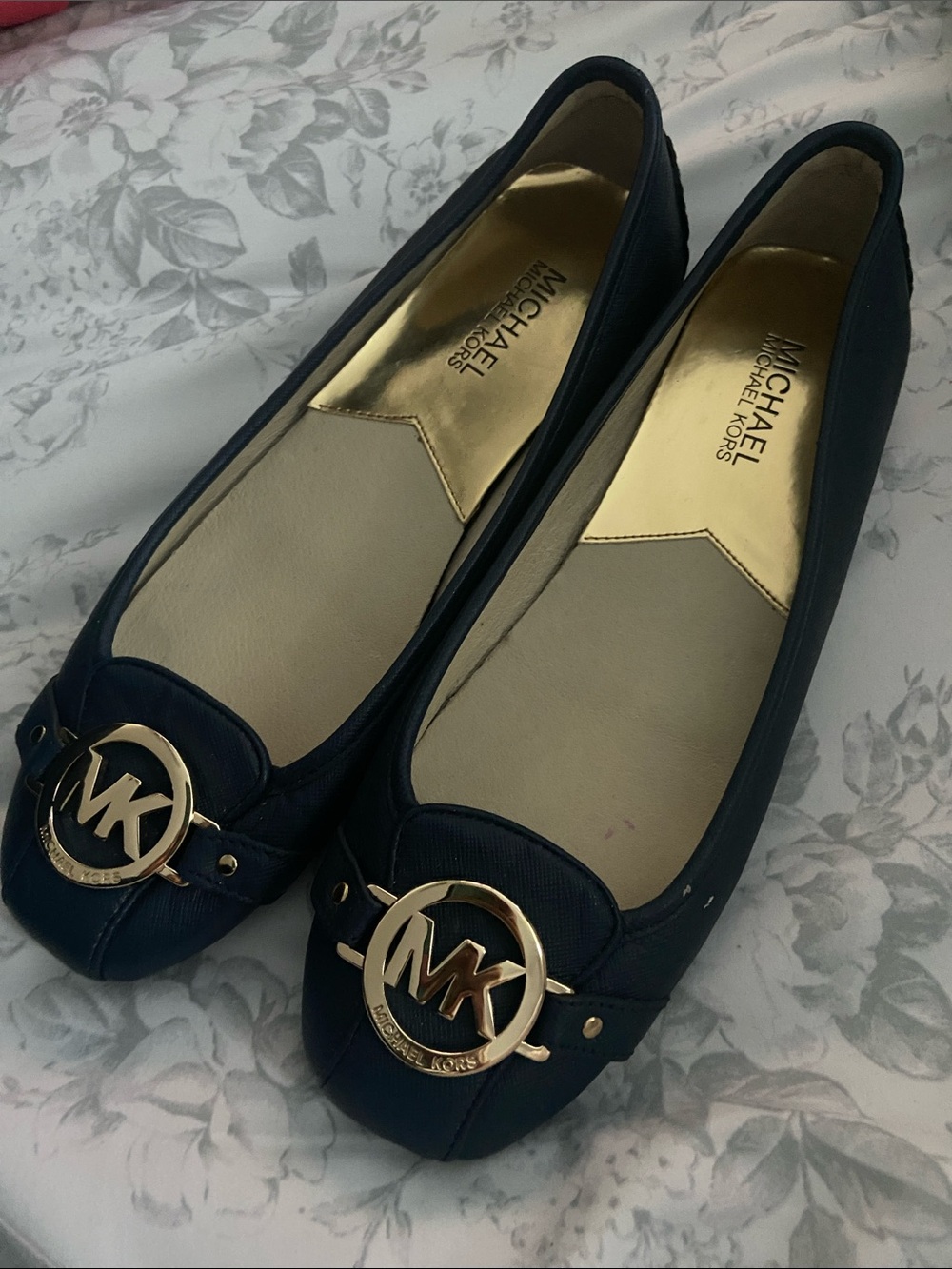 Michael Kors Navy Leather MK Logo Ballet Flats with Gold Hardware